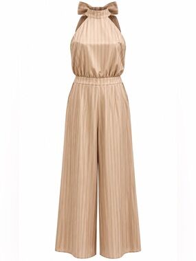 FAERIESTY Halter Jumpsuit 2X Beige Pinstripe Wide Leg Palazzo Pants Elegant